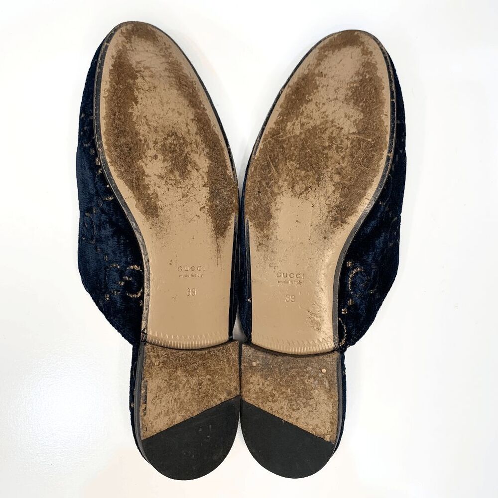 SOLD Gucci Princetown Horsebit Mules Navy Blue GG Logo Velvet Flat Loafers - Picture 5 of 14